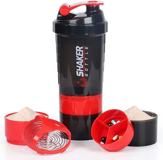 VECH Protein Shaker Bottles, Workout Shaker Bottle, 3-Layer Non-Slip Leak-Proof Water Bottle with Pill Tray for Protein Powder Storage, 16 oz