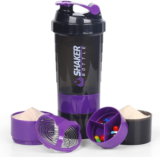 VECH Protein Shaker Bottles, Workout Shaker Bottle, 3-Layer Non-Slip Leak-Proof Water Bottle with Pill Tray for Protein Powder Storage, 16 oz