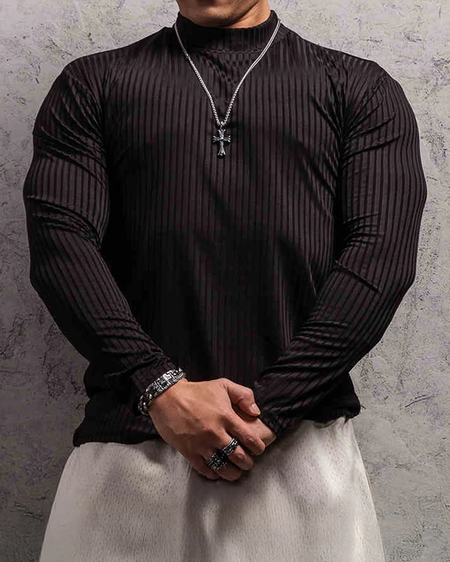 Stretch Rib Jersey Mockneck Long Sleeves Shirt (LARGE)